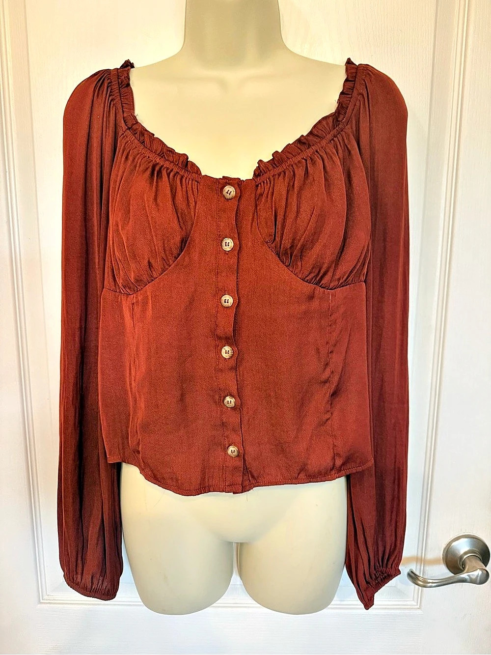 AND NOW THIS Women'Small Ruched Cropped Blouse in Brown Small #Boho #Western